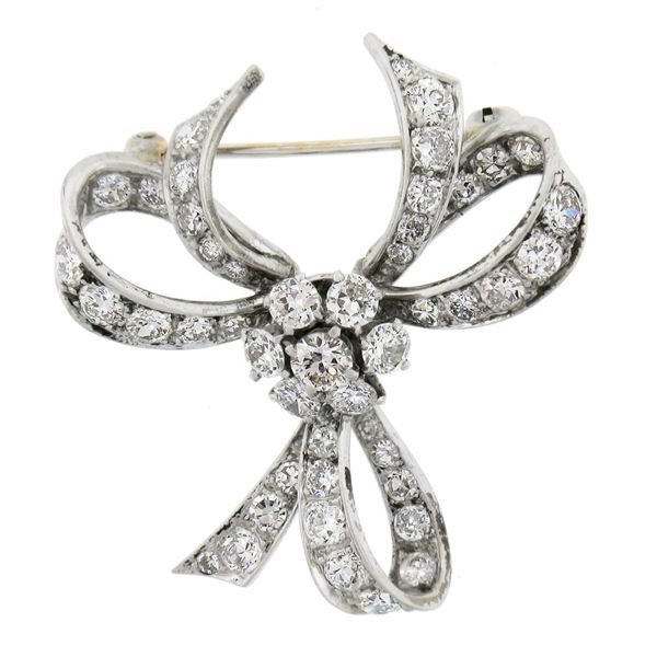 Vintage Solid Platinum 1.95 ctw Old Cut Diamond Ribbon Bow Flower Pin Brooch