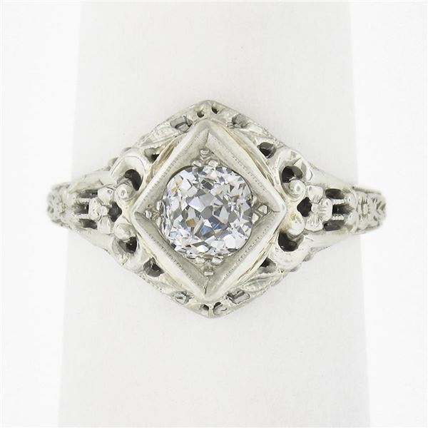Antique 18k Gold 0.60 ctw Old Mine Cushion Diamond Floral Filigree Engagement Ri