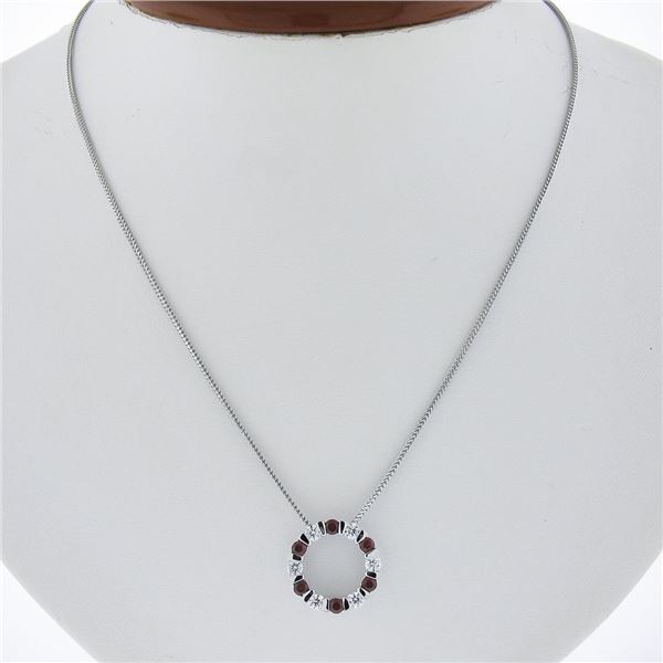 14k White Gold 1.01 ctw Alternating Channel Ruby & Diamond Circle Pendant Chain