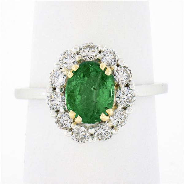 NEW Classic 18K TT Gold 2.11 ctw Oval Emerald Solitaire w/ Round Diamond Halo Ri