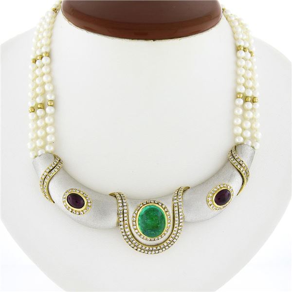 18k Gold GIA Colombian Emerald & Ruby Diamond Three Strand Pearl Collar Necklace