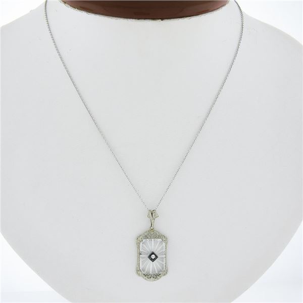 Antique Art Deco Gold Camphor Glass Diamond Filigree Pendant on 18" Chain