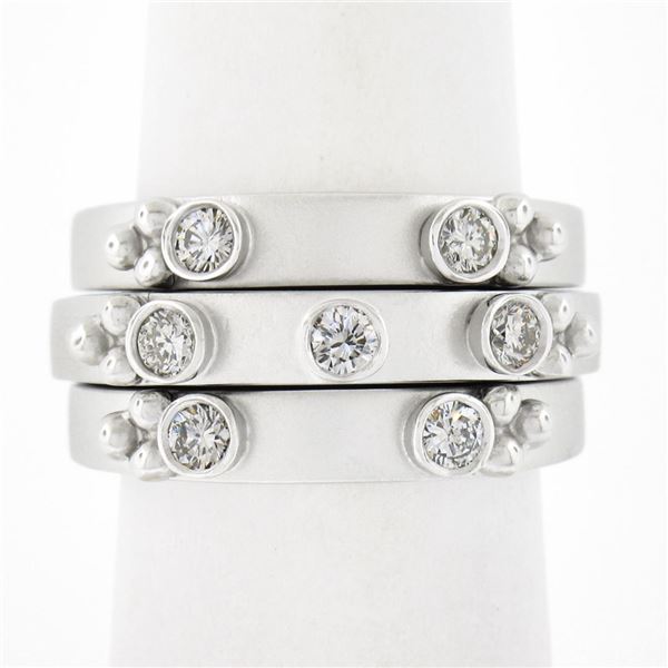 (3) New 14K Gold Puzzle Matte Finish Stack Band Rings W/ 0.46 ctw Bezel Diamonds