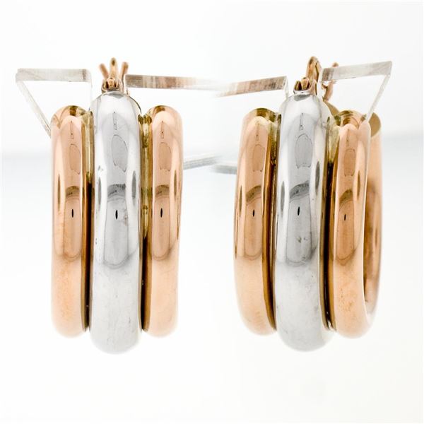 New 14k Rose & White Gold Triple Puffed Tube Round Hoop Earrings