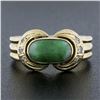 Image 2 : Vintage Petite 14K Yellow Gold Cabochon Green Jade & Diamond Grooved Band Ring