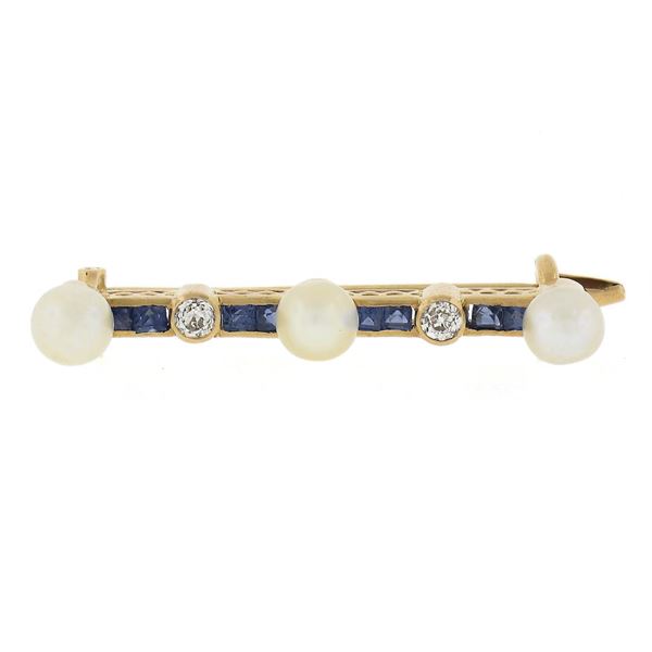 Antique 14k Rosy Yellow Gold 5mm Pearl, Sapphire & .10 ctw Diamond Bar Pin Brooc