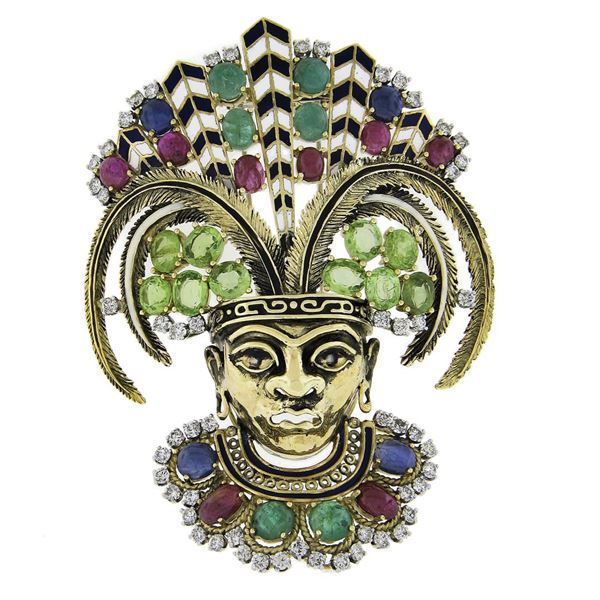 Large Vintage 18K Gold Tribal Face Brooch w/ Diamond Multi Color Gemstone Enamel