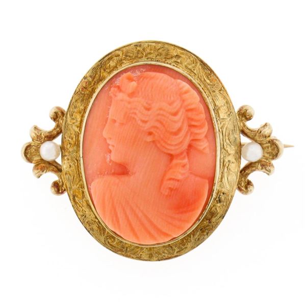 Antique Victorian 14k Gold Carved Coral Cameo w/ Hand Engraved Frame Brooch Pin