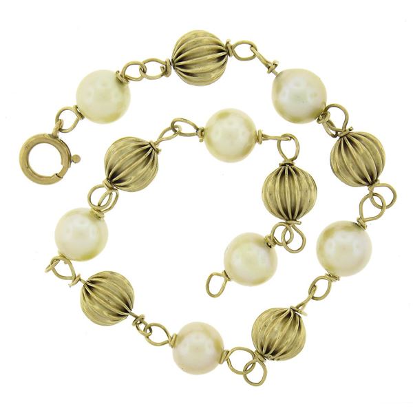Vintage 14k Yellow Gold White Pearl & Grooved Ball Bead Charm Bracelet