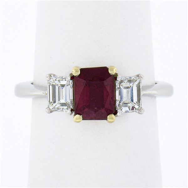 18K Gold & Platinum 2.15 ctw GIA Burma VIVID RED Ruby & Emerald Cut Diamond Ring