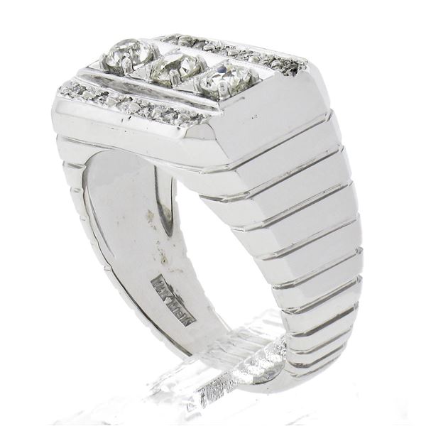 Men's Vintage 14K White Gold 0.70 ctw Pave Old Diamond Grooved Wide Band Ring
