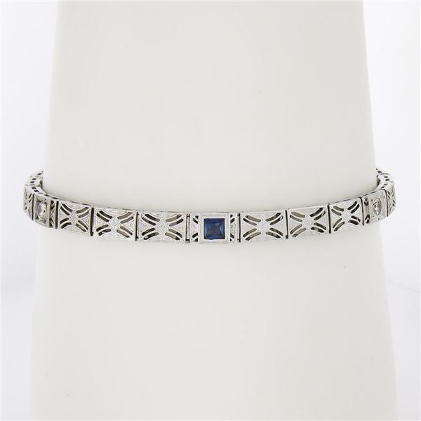 Antique Art Deco Platinum White Gold Diamond Sapphire Open Filigre Bracelet