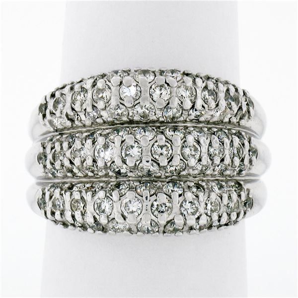 Vintage.900 Platinum 1.30 ctw Pave Diamond Wide Domed Triple Stacked Band Ring