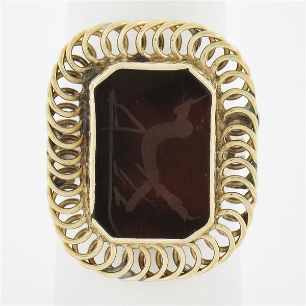 Vintage Handmade 14k Gold Rectangular Carved Intaglio Carnelian Cocktail Ring