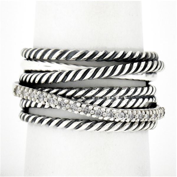 David Yurman Sterling Silver Pave Diamond & Cable Crossover Wide Band Ring