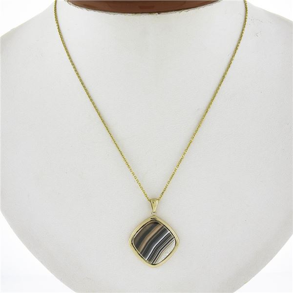 New 14k Yellow Gold Brown White Banded Agate Pendant w/ Adjustable Link Chain