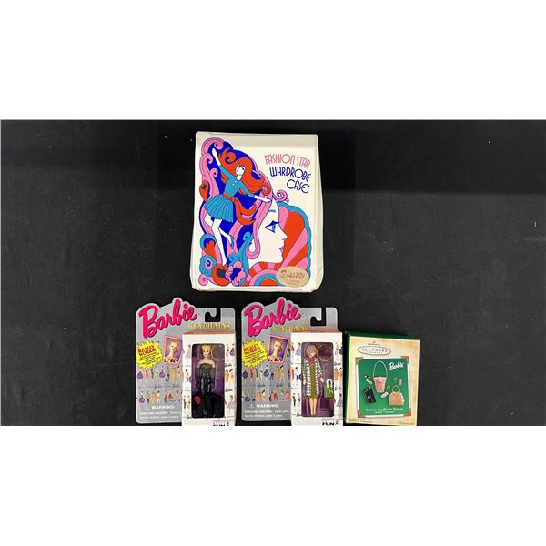 TWO BARBIE KEYCHAINS, FASHION STAR WARDROBE CASE WITH CONTENTS & A HALLMARK BARBIE KEEPSAKE