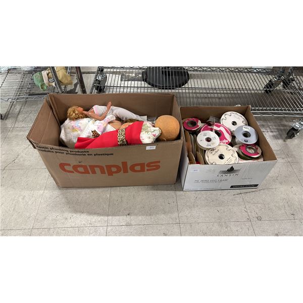SHELF OF ASSORTED DOLLS & RIBBON