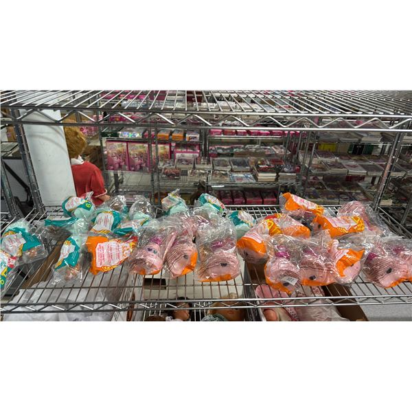 SHELF OF ASSORTED MCDONALDS BARBIE TOYS