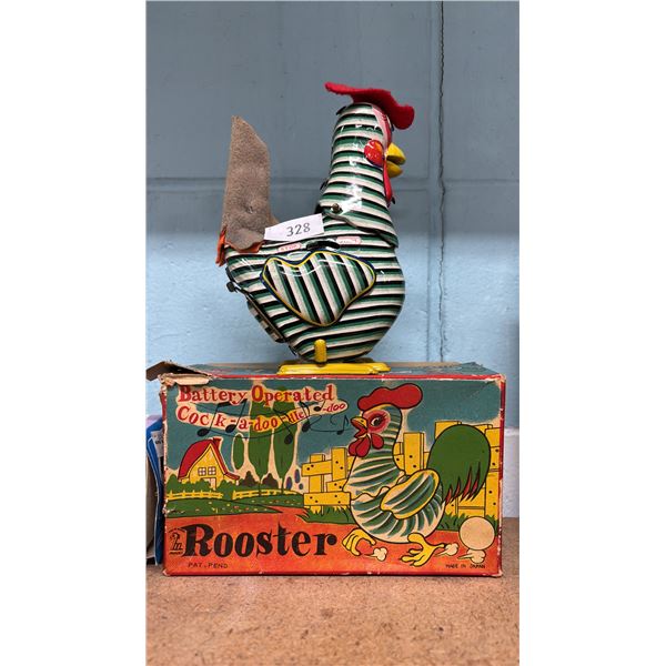 VINTAGE BATTERY OPERATED COCK-A-DOODLE-DO TIN ROOSTER TOY