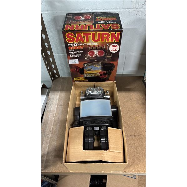 VINTAGE SATURN THE 13" GIANT WALKING ROBOT WITH LITES-UP EYES AND 4 SHOOTING MISSILES TOY