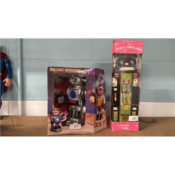 VINTAGE BATTERY OPERATED FORCEBOT TOY & VINTAGE FLOMO ROBOT PENCIL BOX