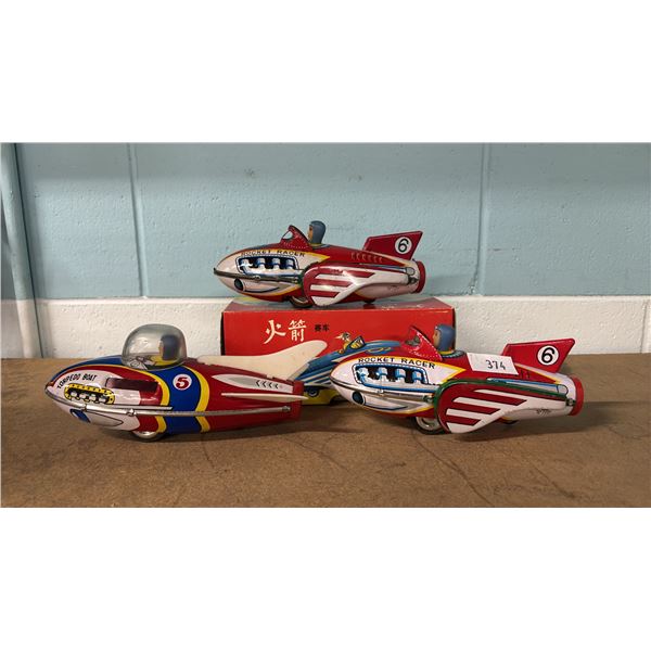 (2) VINTAGE TIN ROCKET RACER TOYS & VINTAGE TIN TORPEDO BOAT TOY