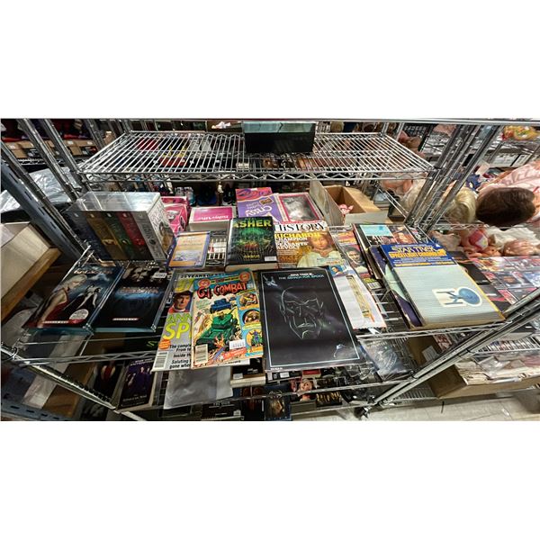 SHELF OF ASSORTED DVD'S, BOOKS & MAGAZINES