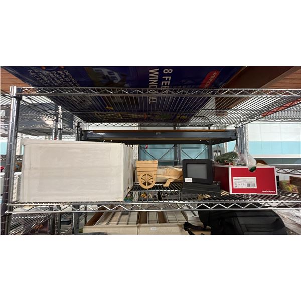 SHELF OF ASSORTED ITEMS INCLUDING; CHRISTMAS DECOR, PAINT SUPPLIES & MORE