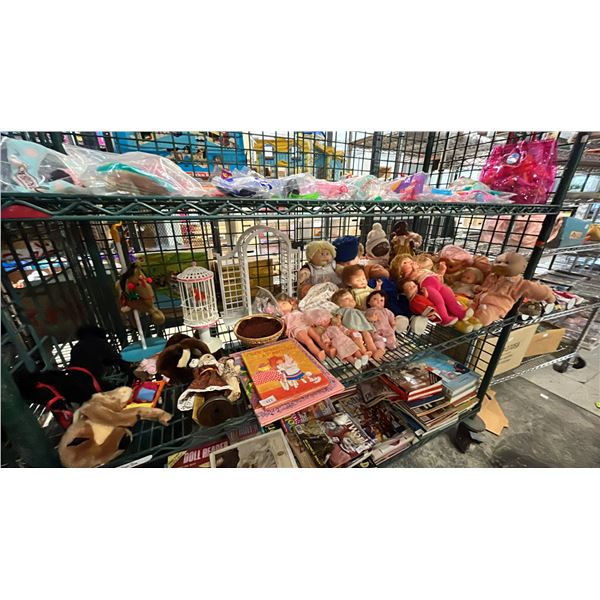 SHELF OF ASSORTED DOLLS, STUFFED ANIMALS & BOOKS