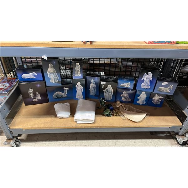 SHELF OF ASSORTED AVON NATIVITY COLLECTIBLES & MORE