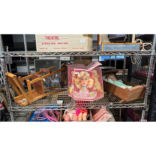 SHELF OF ASSORTED BARBIE & MORE DOLLS & DOLL FURNITURE