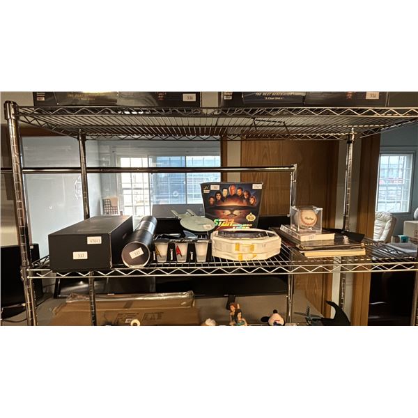 SHELF OF ASSORTED STAR TREK COLLECTIBLES: SHOT GLASSES, COLLECTOR PLATE, SHIP MODEL POSTER & MORE