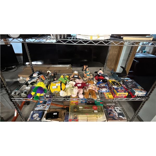 SHELF OF ASSORTED STUFFED TOYS, ULTRAMAN FIGURES, GENE SIMMONS KISS DOLL & MORE