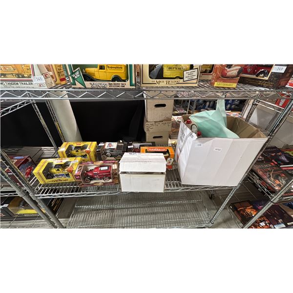 BOX OF CLOWN DOLLS, BOX OF HO VEHICLE KITS & 5 DIE CAST SCALE MODEL TRUCKS