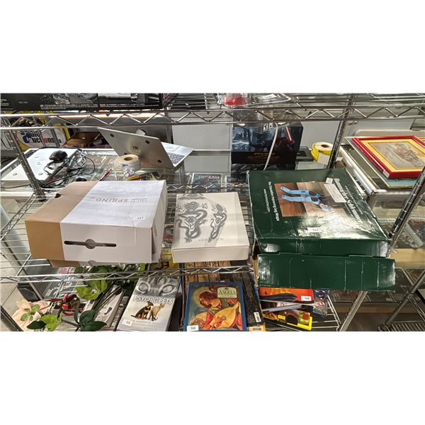 BOX OF ASSORTED POSTCARDS, CHRISTIE'S SALE BOOK SET & SET OF LEG MASSAGERS