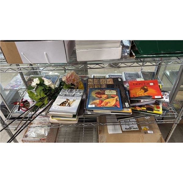SHELF OF FAUX FLOWER & ASSORTED BOOKS ( MOST ARE REFERENCE BOOKS)