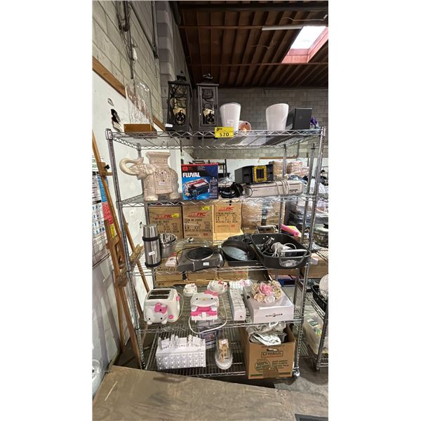 RACK OF ASSORTED HOUSEHOLD GOODS: COOKWARE, CANDLE LANTERNS, HELLO KITTY TOASTER & MORE