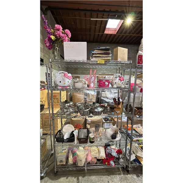 RACK OF ASSORTED HOUSEHOLD GOODS: BOOKS, AROMA NEBULIZER, COOKWARE, YARN & MORE