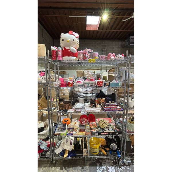 RACK OF ASSORTED HOUSEHOLD GOODS: BOOKS, GAMES, HELLO KITTY BRANDED ITEMS & MORE