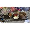 Image 6 : RACK OF ASSORTED HOUSEHOLD GOODS: SEVERAL MUGS, ROUND KNITTING LOOM, ASSORTED DISHWARE & MORE