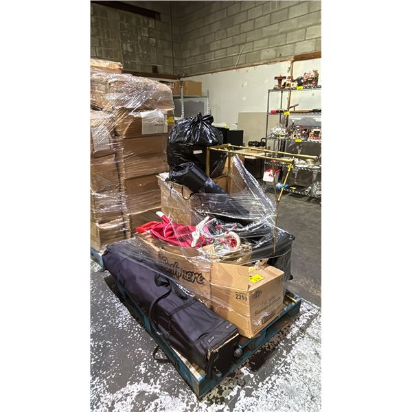 PALLET OF ASSORTED HOUSEHOLD ITEMS: METAL HALL TABLE BASE, YOGA MAT, ROLLING CART & MORE