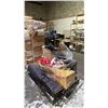 Image 1 : PALLET OF ASSORTED HOUSEHOLD ITEMS: METAL HALL TABLE BASE, YOGA MAT, ROLLING CART & MORE