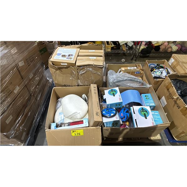 PALLET OF AB ROLLERS, 2 TIER LAZY SUSANS, OFFICE CHAIR BACK & SEAT, TV WALL MOUNT & MORE