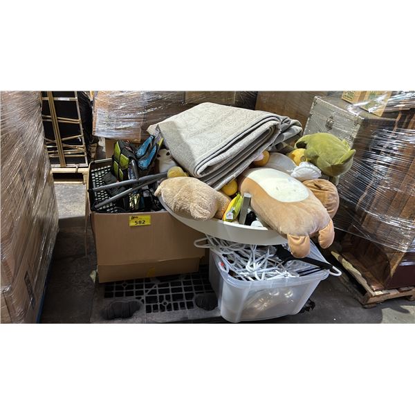 PALLET OF STUFFED TOYS, CURTAIN HANGERS, AREA RUGS, NERF TACTICAL VEST & MORE - *MUST TAKE ALL