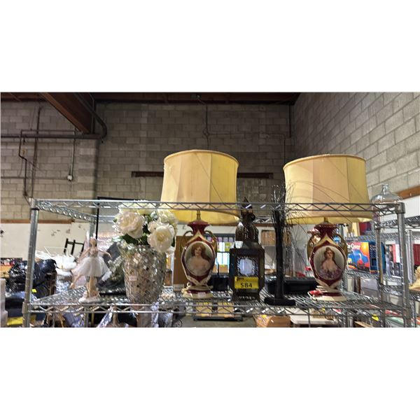 SHELF OF ASSORTED LAMPS, VASE, BALLERINA FIGURINE & AQUARIUM WITH HOSES