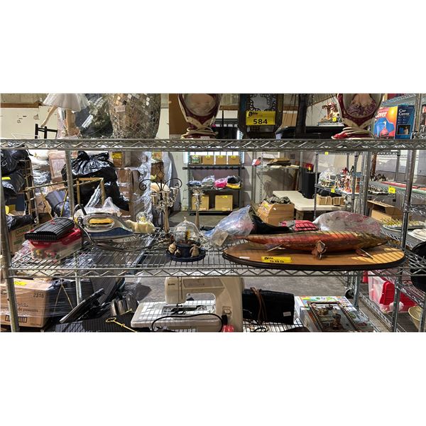 SHELF OF CANDELABRAS, CLOTHES IRON, MOUNTED FISH, LED LIGHT BULBS & MORE