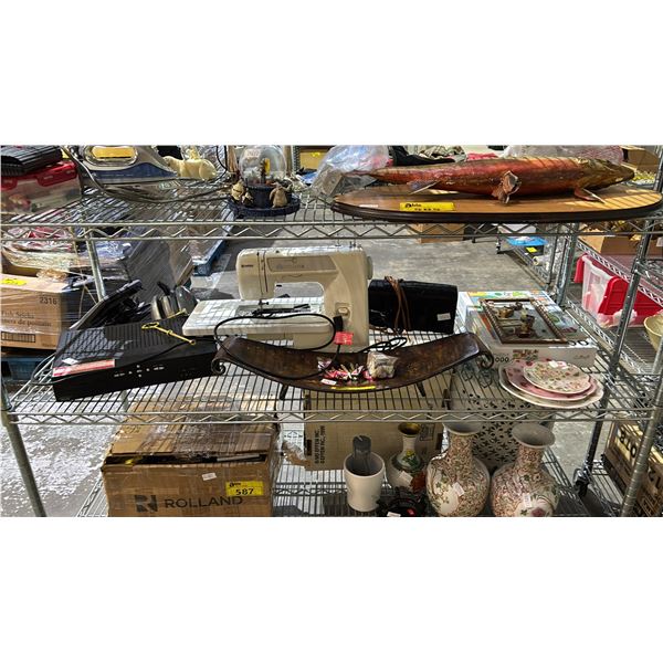 SHELF OF STRAWBERRY SHORTCAKE CHINA, VINTAGE KENMORE SEWING MACHINE, METAL TRAY & MORE