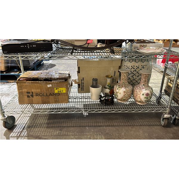 SHELF OF ASSORTED VASES, BOX OF MUSIC CDS & MORE