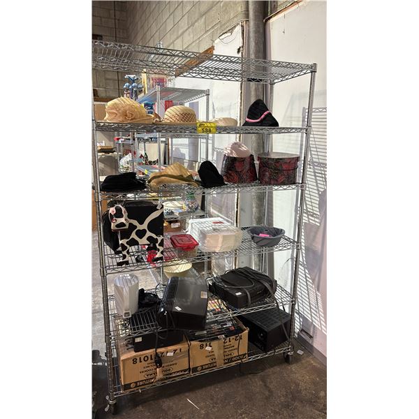 RACK OF HATS, HAT BOXES, COW PLANTSTAND, ORECK AIR PURIFIER, VHS TAPES & MORE